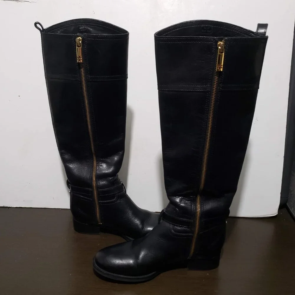 Tory Burch 5207 Nadine Riding Black Leather Boots Gold Logo Sz 6 $495